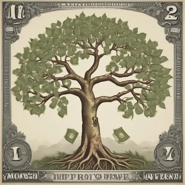 Visualization of money supply components (M0, M1, and M2) growing from a central trunk, representing the economy