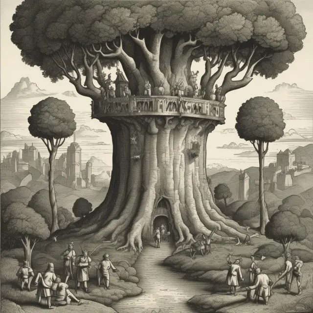 Crown bestows monopoly power to a central tree with impenetrable walls, symbolizing government-granted and natural barriers to entry in a forest of competition.