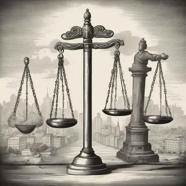 A balanced scale represents government regulation between monopolistic power and free market competition