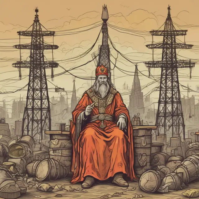 Monopolistic king ruling over industries with oil barrels and electricity pylons symbolizing Standard Oil, Microsoft, and utility companies
