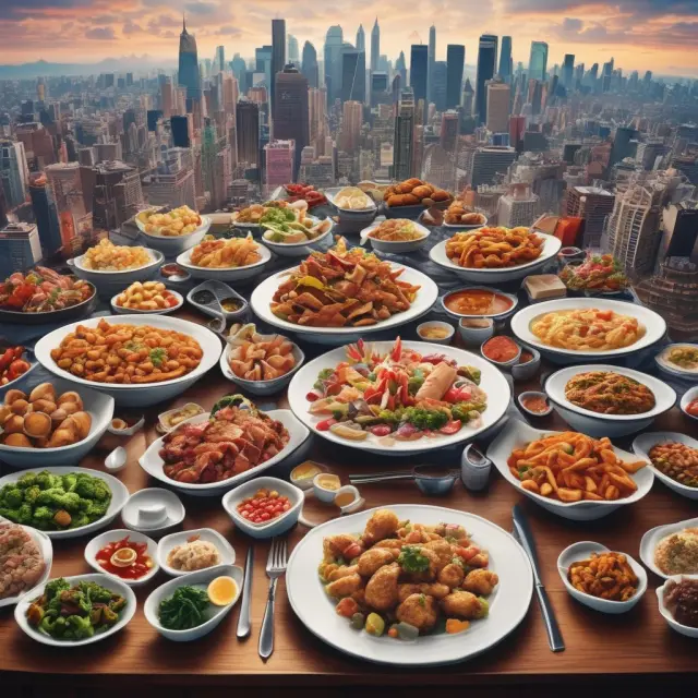 An image showcasing a multitude of dishes on a table in a crowded cityscape, symbolizing the diversity and competition within monopolistically competitive industries.