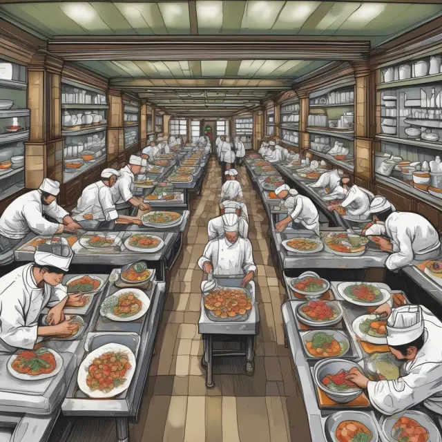 Scene of numerous chefs preparing diverse dishes within a busy kitchen, representing firms competing under monopolistic competition.