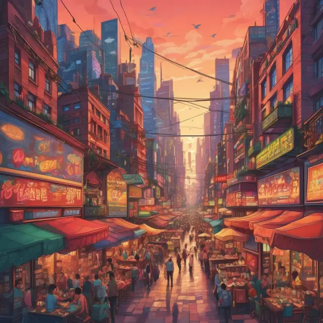 Diverse restaurants in a cityscape illustrating product differentiation and elastic demand in monopolistic competition.