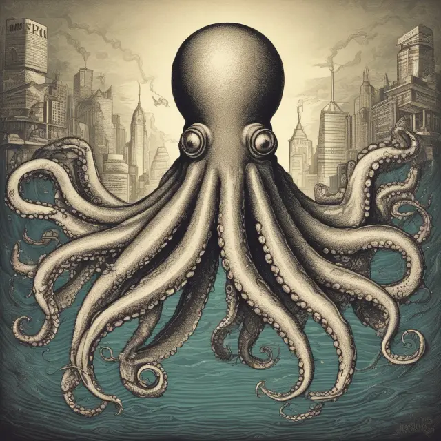 An octopus symbolizing a monopolistic conglomerate, controlling multiple industries with interconnected tendrils