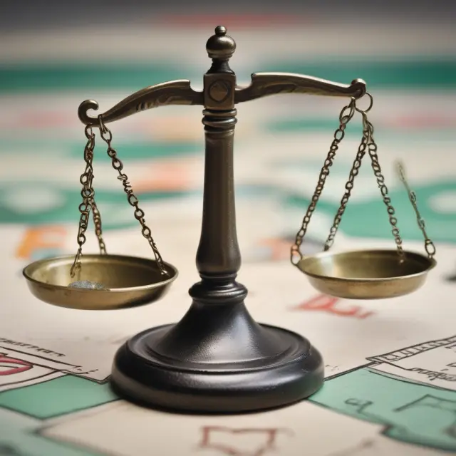 A balanced scale represents regulatory measures for monopolies, with public utility regulations on one pan and antitrust laws on the other, ensuring fair competition and consumer protection