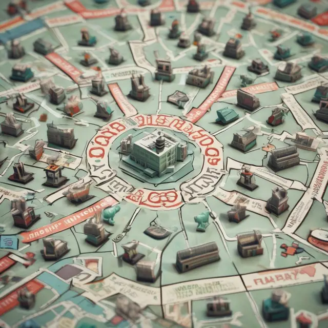 Monopoly pieces depicting various industries forming an intricate web, representing interconnected monopolistic markets.