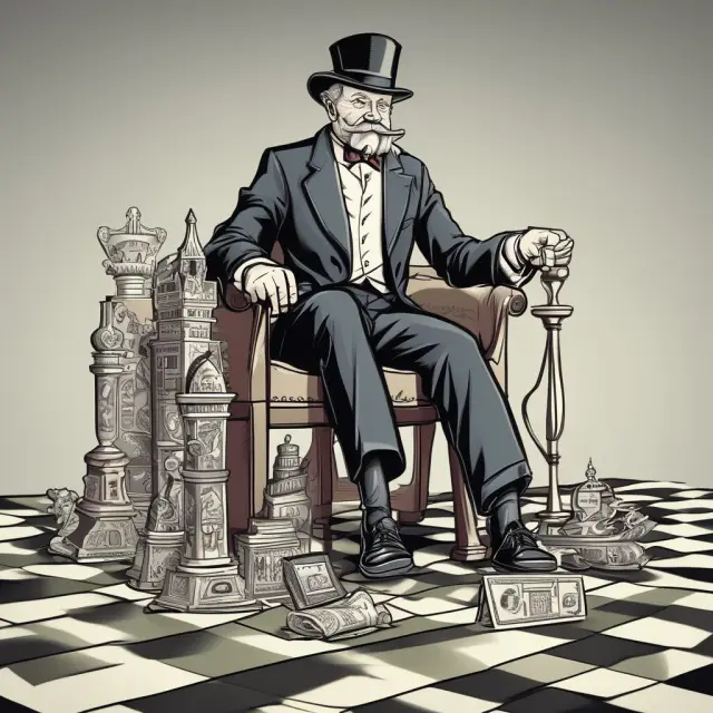A monopolistic king reigning over an economic chessboard, symbolizing market control and potential inefficiencies.