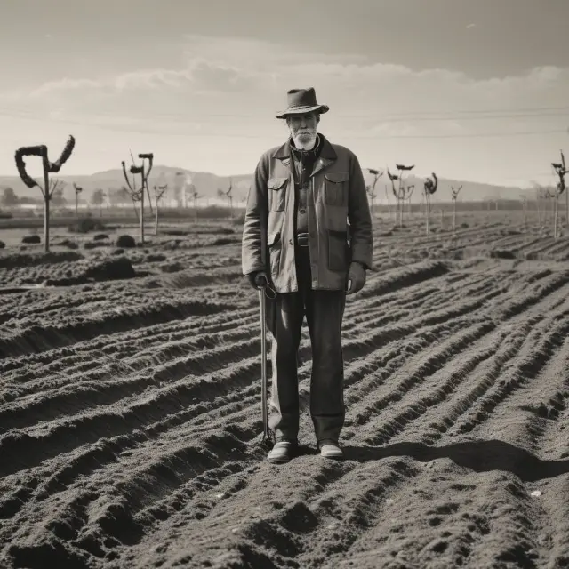 Monopsonist standing at a three-way intersection, controlling agriculture, labor market, and tech industries