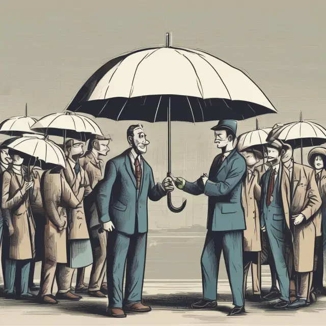 Employer as monopsonist holding power over workers under an umbrella, representing labor market dominance
