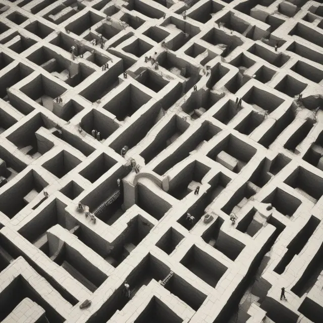 Monopsony-controlled market depicted as a confusing maze, workers seeking fair wages