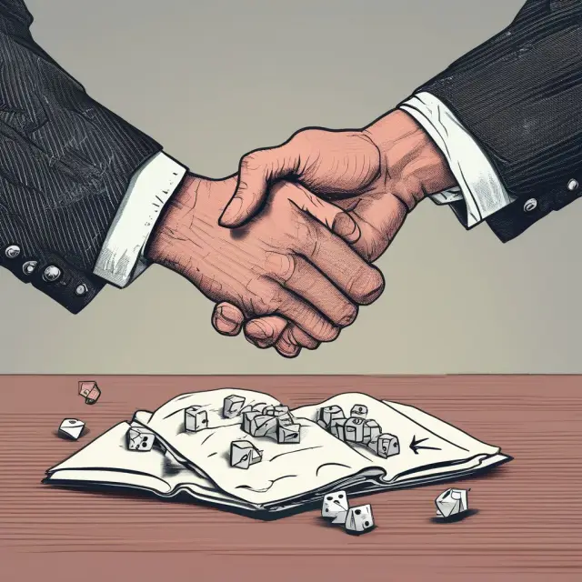 Two parties engaging in a contract shake hands, while hidden dice behind their backs suggest moral hazards and potential financial losses