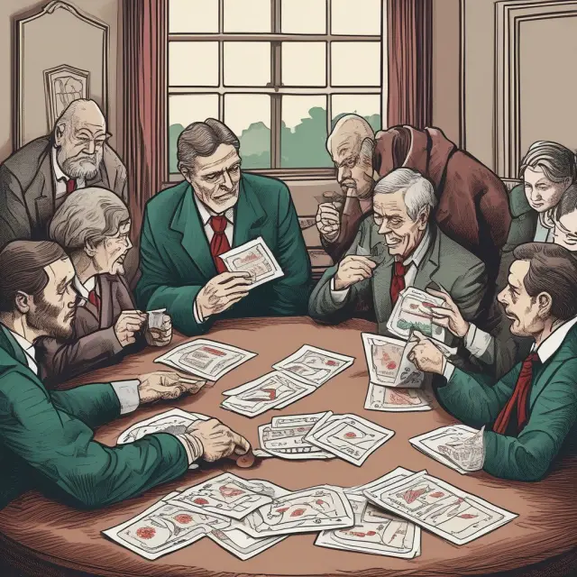 Players holding mortgage contracts during a card game, representing moral hazard risks in the lending industry