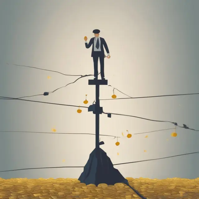 Employee taking advantage of moral hazard stands atop a tightrope with gold coins underfoot while employer looks on