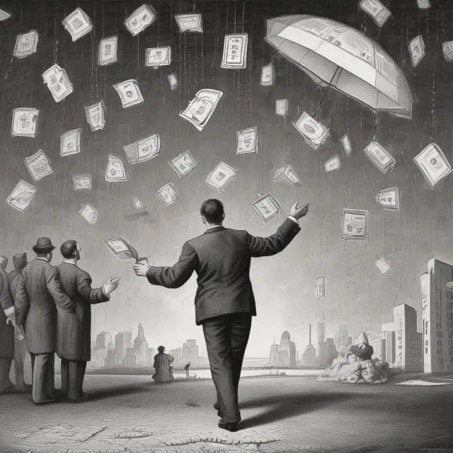 A figure personifying Moral Hazard stands between a tech-savvy insurer and a customer, with regulatory bodies looking on