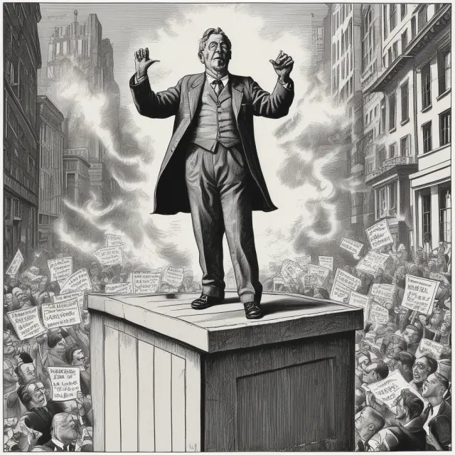 A central banker delivering an impactful speech on a large soapbox, influencing stock market sentiment through moral suasion