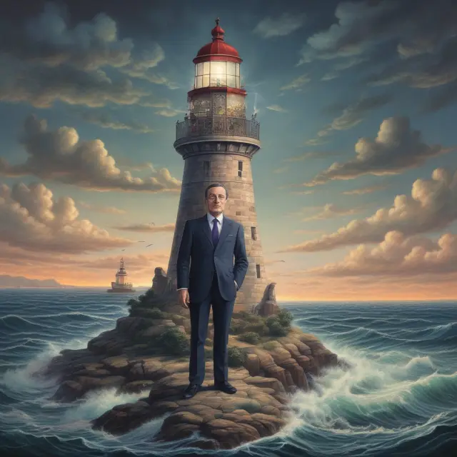 Mario Draghi depicted as a steadfast lighthouse during the European debt crisis, symbolizing moral suasion.