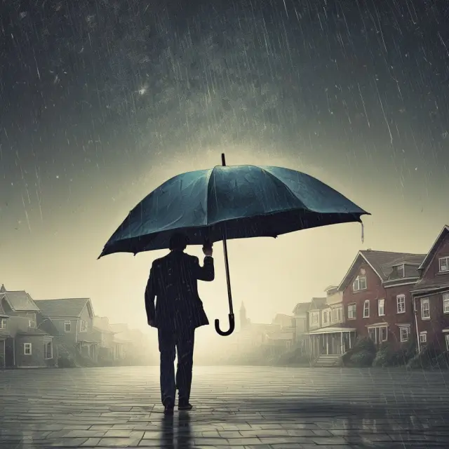 A person seeking shelter under an umbrella amidst financial chaos, reflecting the legal protection of bankruptcy moratoriums