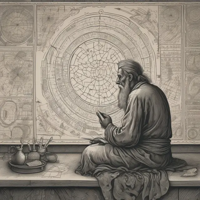An ancient trader studying intricate charts displays morning star patterns and RSI indicators, illustrating advanced morning star strategies for making informed trading decisions.
