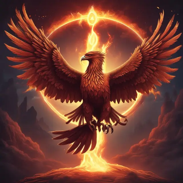 A Phoenix rising above three candles representing downtrend, indecision, and bullish reversal in cryptocurrency trading