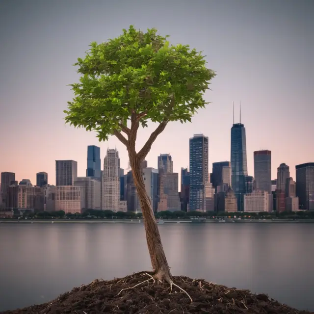 Image of the Chicago skyline transitioning from a small cityscape to a thriving metropolis, with a seed sprouting into a towering tree symbolizing Morningstar