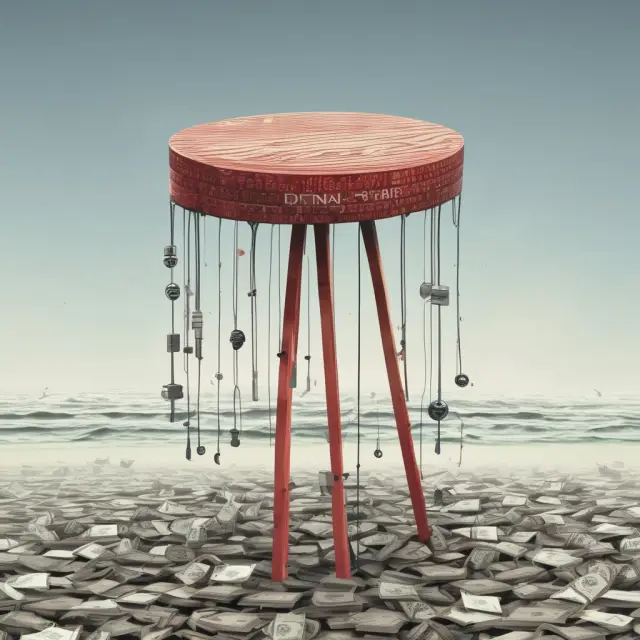 A three-legged stool floating on a sea of financial data; one leg represents risk, another return, and the third evaluation, with IBB