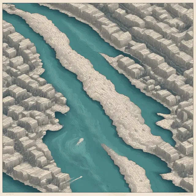 A river of data flowing through a landscape of charts and graphs, representing mortality tables guiding the financial stability of an insurance company.