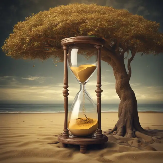 An hourglass pouring sand into a growing tree, representing the evolution and development of mortality tables throughout history
