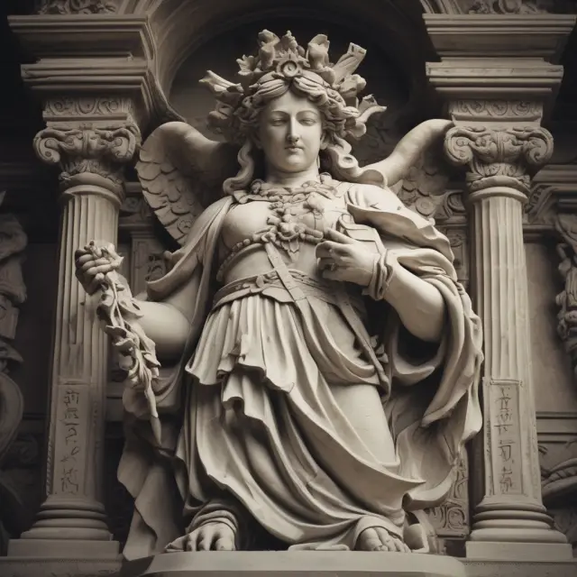 Ancient guardian statue protecting a title deed in the midst of chaotic documents, symbolizing mortgage title insurance securing clear property ownership.
