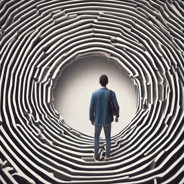 Person holding shopping bag, browsing multiple mortgage insurance quotes on a tablet while standing in a maze, surrounded by financial documents and insurance policies.