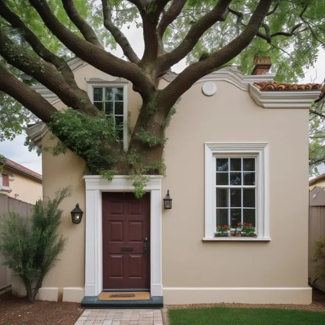 A well-constructed house with a large, flourishing tree growing within its walls, representing the positive impact of strong credit scores on mortgage rates.