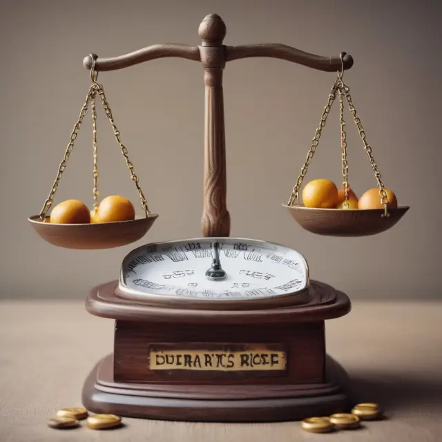 An image of a balanced scale held by a lender, with financial data, a borrower