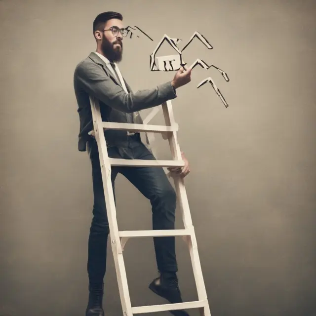 Borrower balancing on a ladder, reaching for mortgage points on an interest rate scale to lower monthly payments