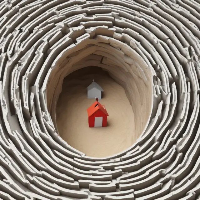 A labyrinth symbolizing various mortgage lender options: credit unions, banks, online-only lenders, and mortgage brokers.