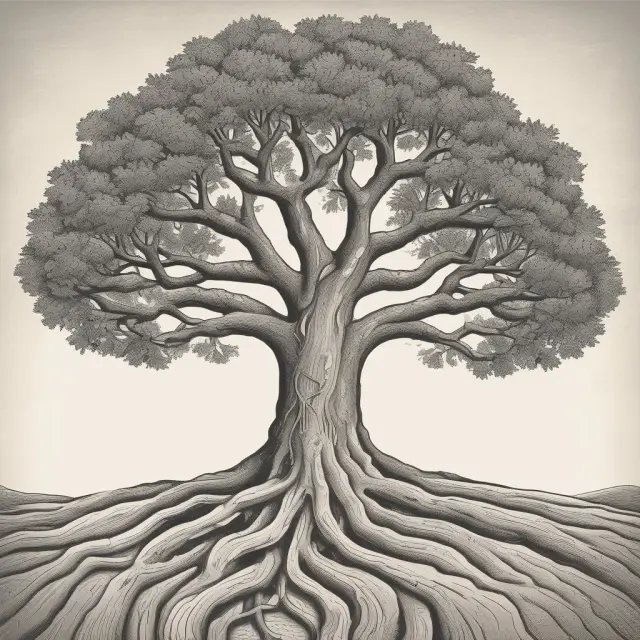 An intricately branching tree with roots representing mortgage loans; intertwined roots signify the bundling process for mortgage-backed securities (MBS)