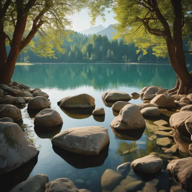 An image of a calm lake with surrounding stones, representing mortgage bonds