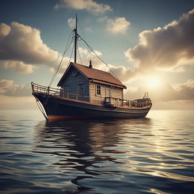 A person holding a shield emblazoned with a mortgage rate lock, navigating stormy waves representing market fluctuations