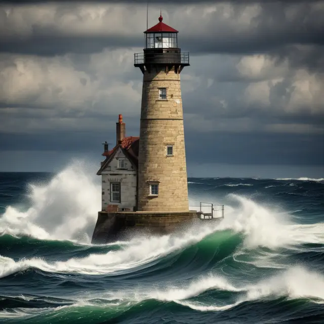 A lighthouse stands tall in the midst of stormy seas, symbolizing mortgage rate lock float down providing stability and savings during volatile market conditions.