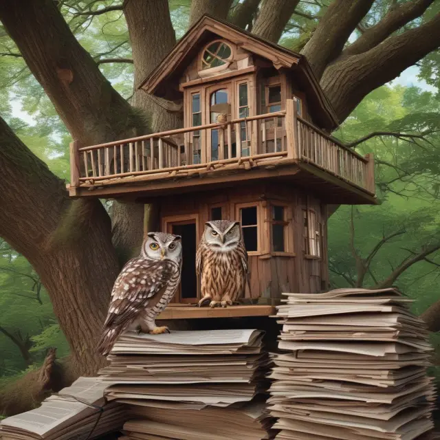 An owl reviews loan documents within a treehouse, symbolizing mortgage bankers assessing mortgage applications.