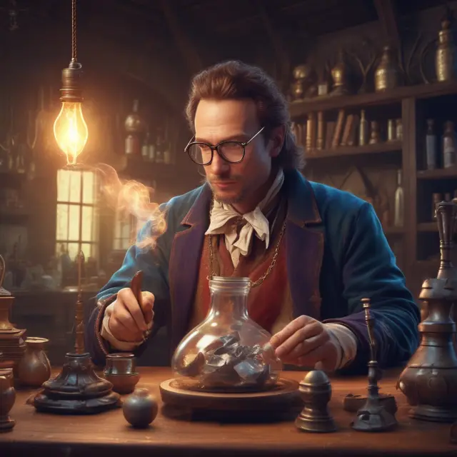 An alchemist-mortgage banker crafting a golden key for a home, surrounded by financial documents and mortgage applications.
