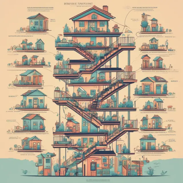 A stylized career ladder adorned with diverse mortgage banking roles, representing progression from entry-level loan officer positions to senior management or executive opportunities.