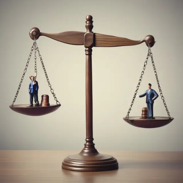 Mortgage banker standing before balanced scales labeled 
