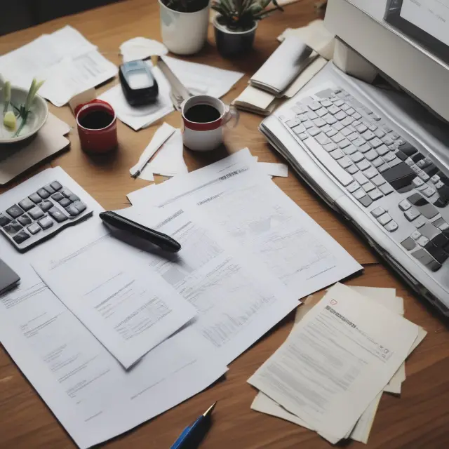 A cluttered desktop with documents spread out, representing various mortgage application documents, illustrating preparation for a mortgage broker.