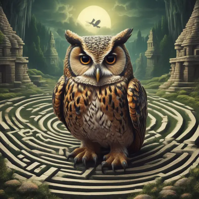 An experienced owl assists two homebuyers as they navigate a maze of mortgage options, illustrating the essential role of a knowledgeable mortgage broker.