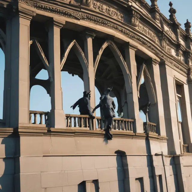 A stone bridge guarded by watchdogs symbolizing regulatory bodies, ensuring transparency and fairness for mortgage brokers