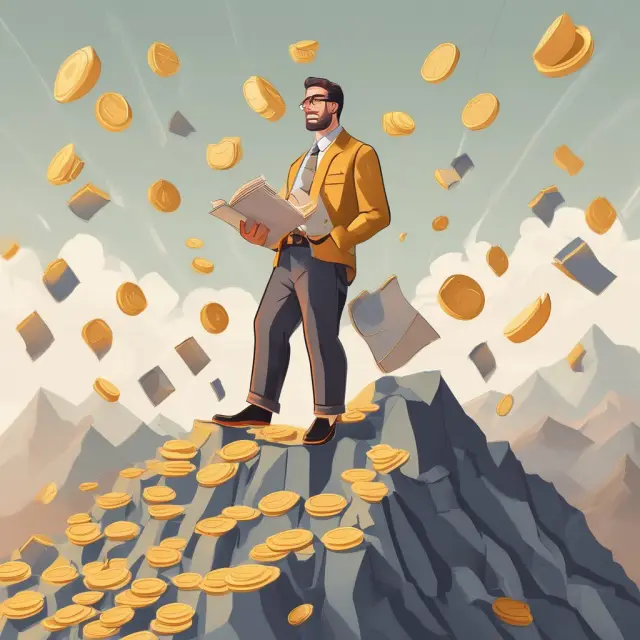 Mortgage broker overseeing loan applications, with golden coins symbolizing origination fees falling from the sky