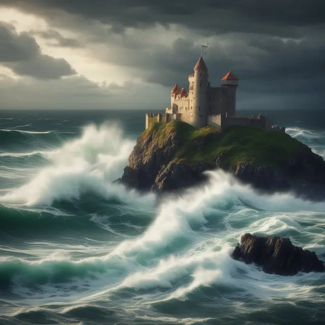 Castle with mortgage insurance shielding it from stormy sea symbolizing borrower defaults. Image enhances blog on understanding mortgage insurance benefits and protection.