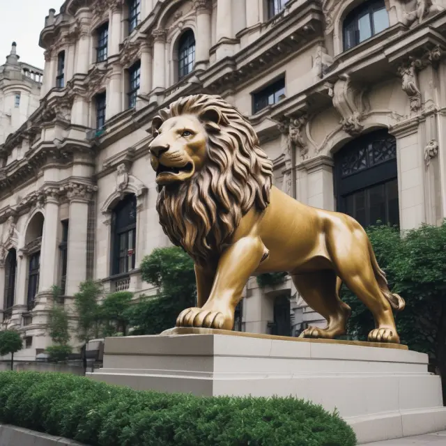 A majestic lion, symbolizing mortgagees, proudly holding a golden key and shield, protecting a castle of properties from potential threats