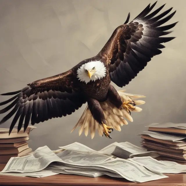 An eagle assessing a pile of credit reports, calculating debt-to-income ratios and housing expense ratios to determine mortgage eligibility