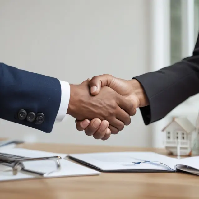 Handshake scene depicting borrower and lender agreeing to mortgage interest rate, term length, and monthly payments