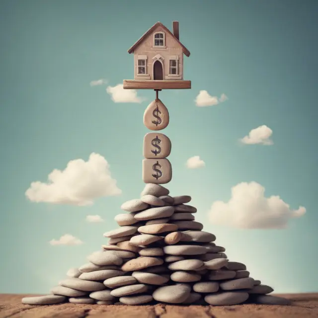 A person maintaining a precarious balance on a tower, paying monthly mortgage installments and managing an escrow account to keep the lender (mortgagee) satisfied